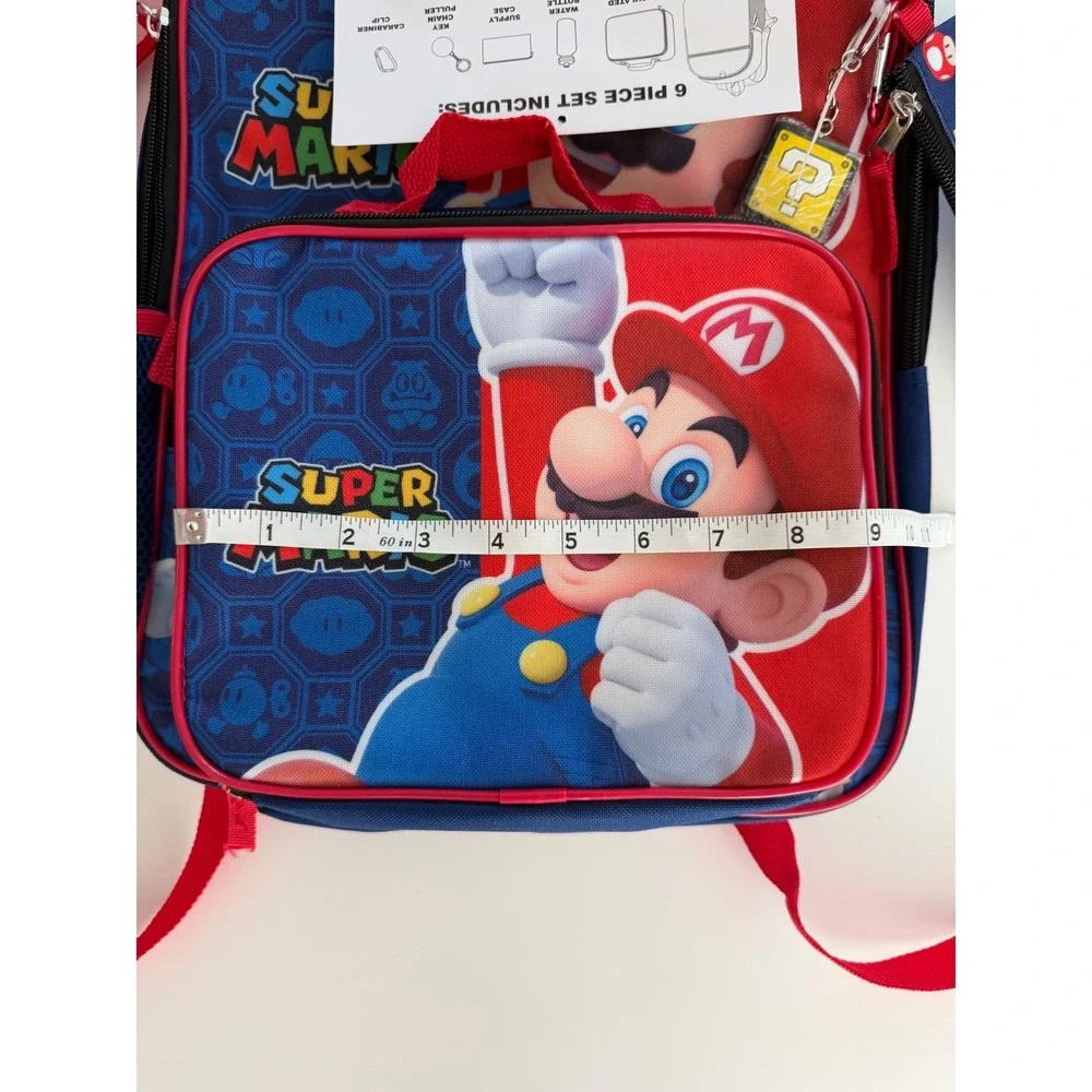 Bioworld Super Mario Kids 6 Piece Backpack Set Lunch Bag Water Bottle Red Blue